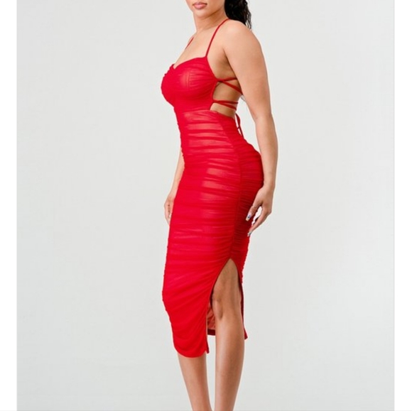 New, Mesh Ruched Maxi Dress in blk/nude with a drawstring lace-up back. - Picture 4 of 7